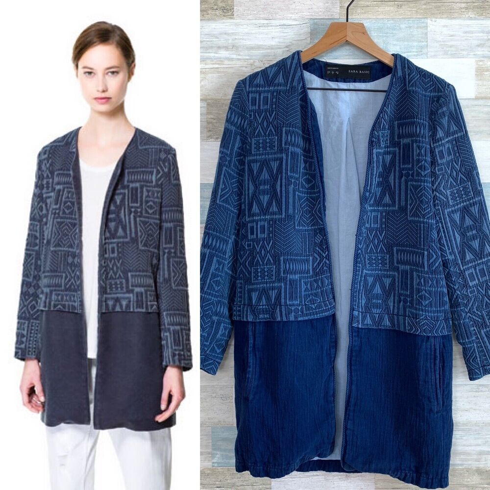 Zara Aztec Jacquard Duster Jacket Blue Open Textured Cotton Linen Womens Small